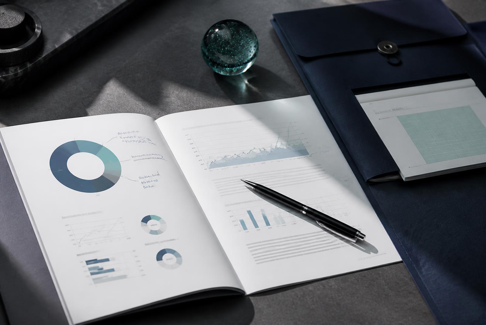 Executive diagnostic brief with analytical charts arranged on a slate desk